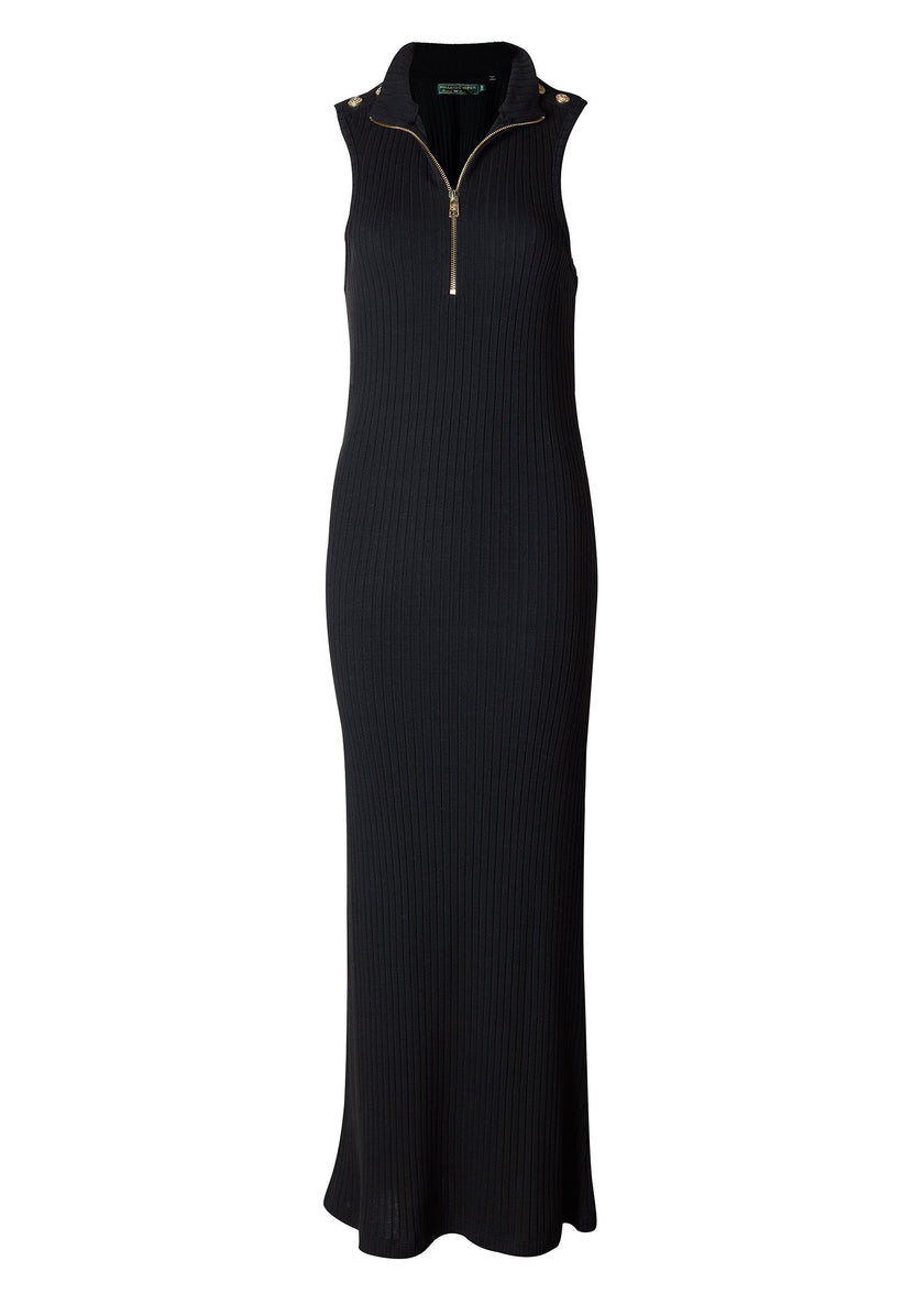 High Neck Zip Ribbed Dress (Black)