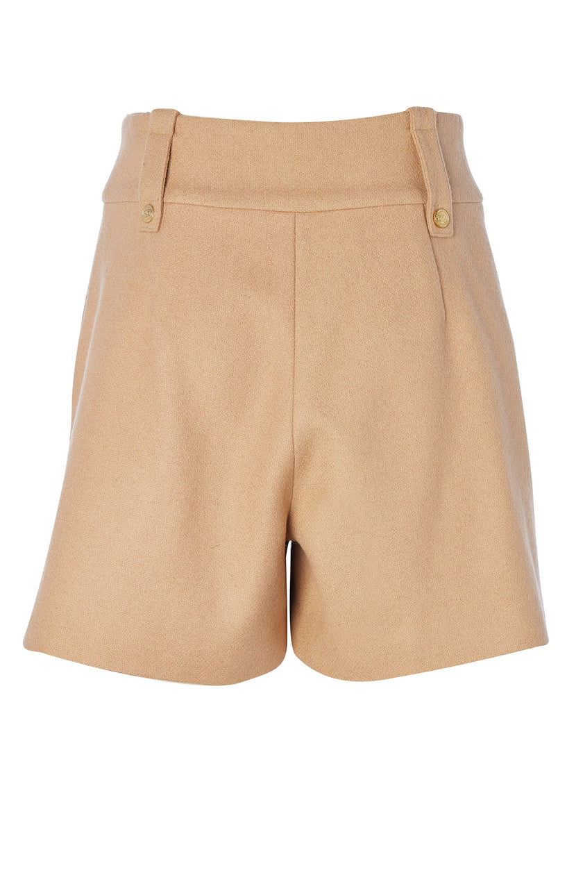 back of womens camel high rise tailored shorts with two single knife pleats and centre front zip fly fastening with twin branded gold stud buttons and side hip pockets with branded rivet detailing at top and bottom of pockets