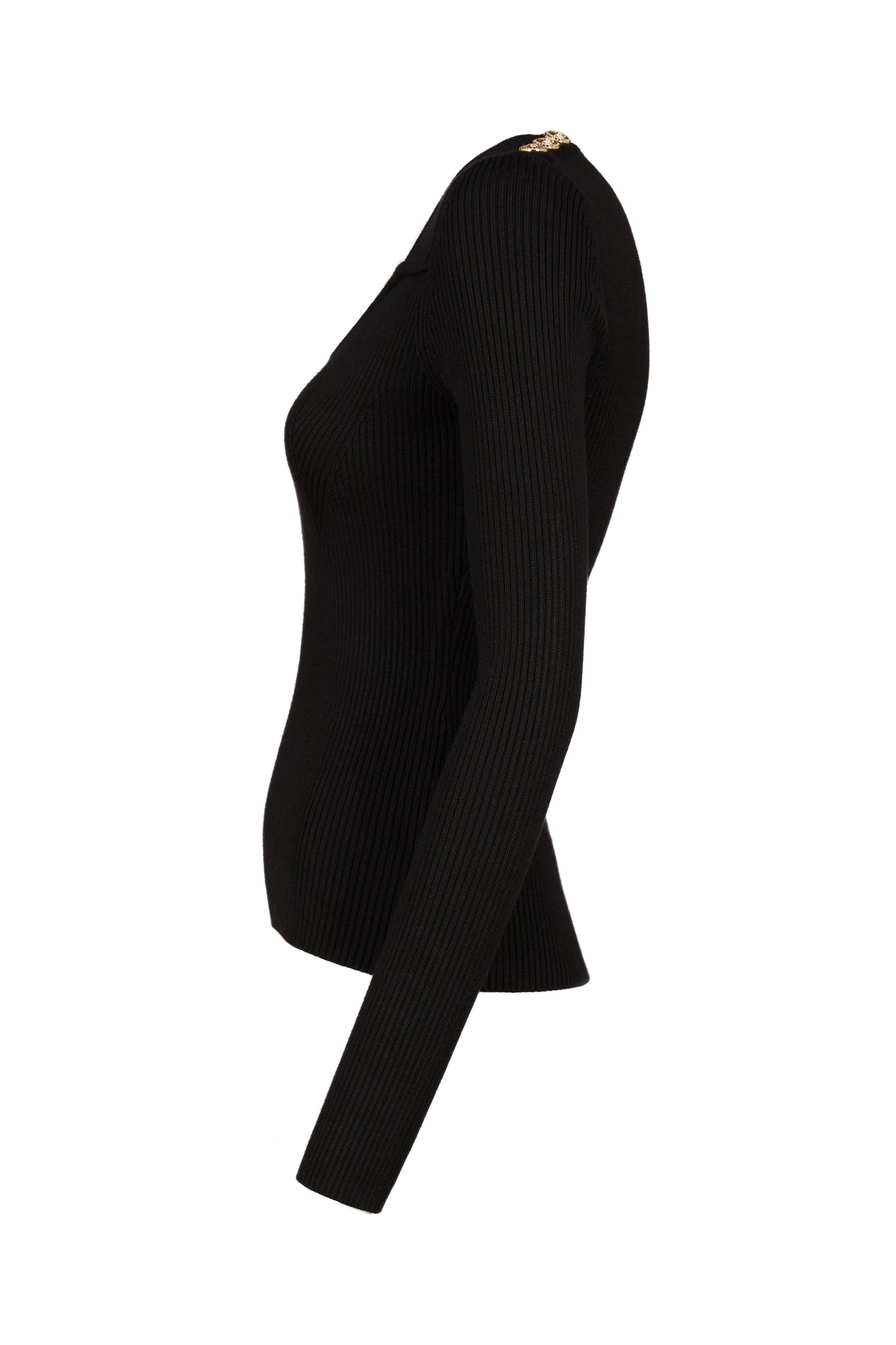 side of a form fitting finely ribbed long sleeved knitted top in black with a sweetheart neckline and gold buttons on shoulders