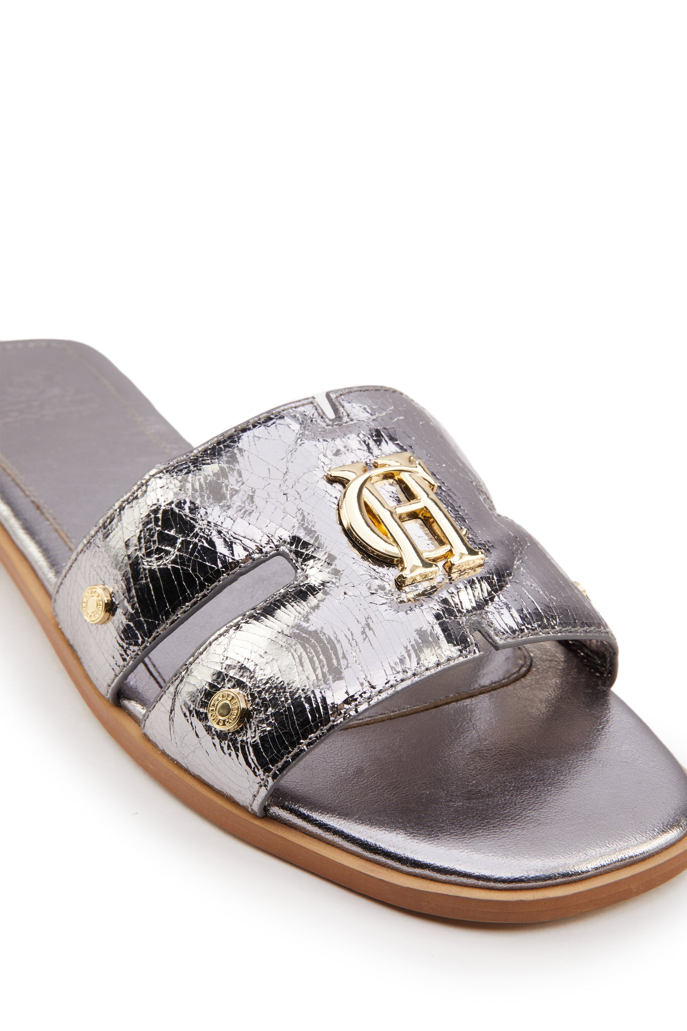 Silver 2025 leather sliders