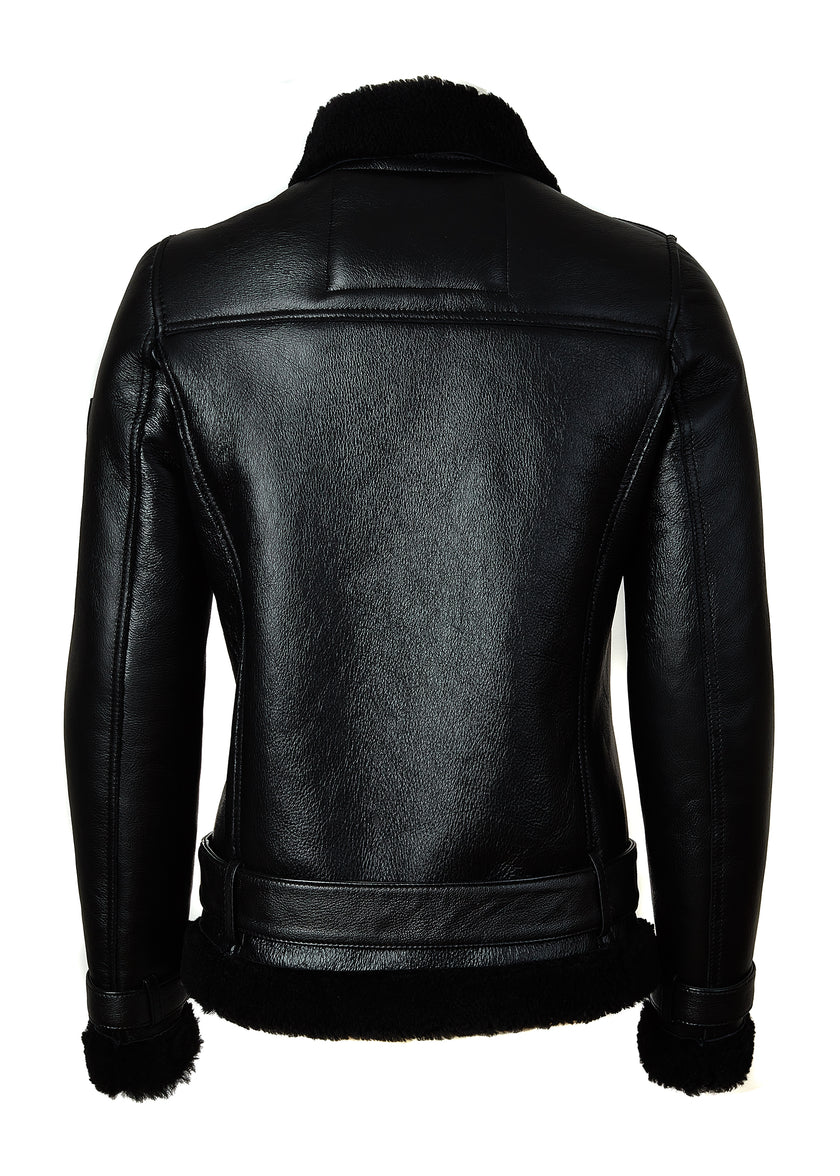 back of classic aviator jacket in black leather with back shearling inside that accents the cuffs hem and collar with belt detail on the hem and cuffs three pockets and angular zip fastening