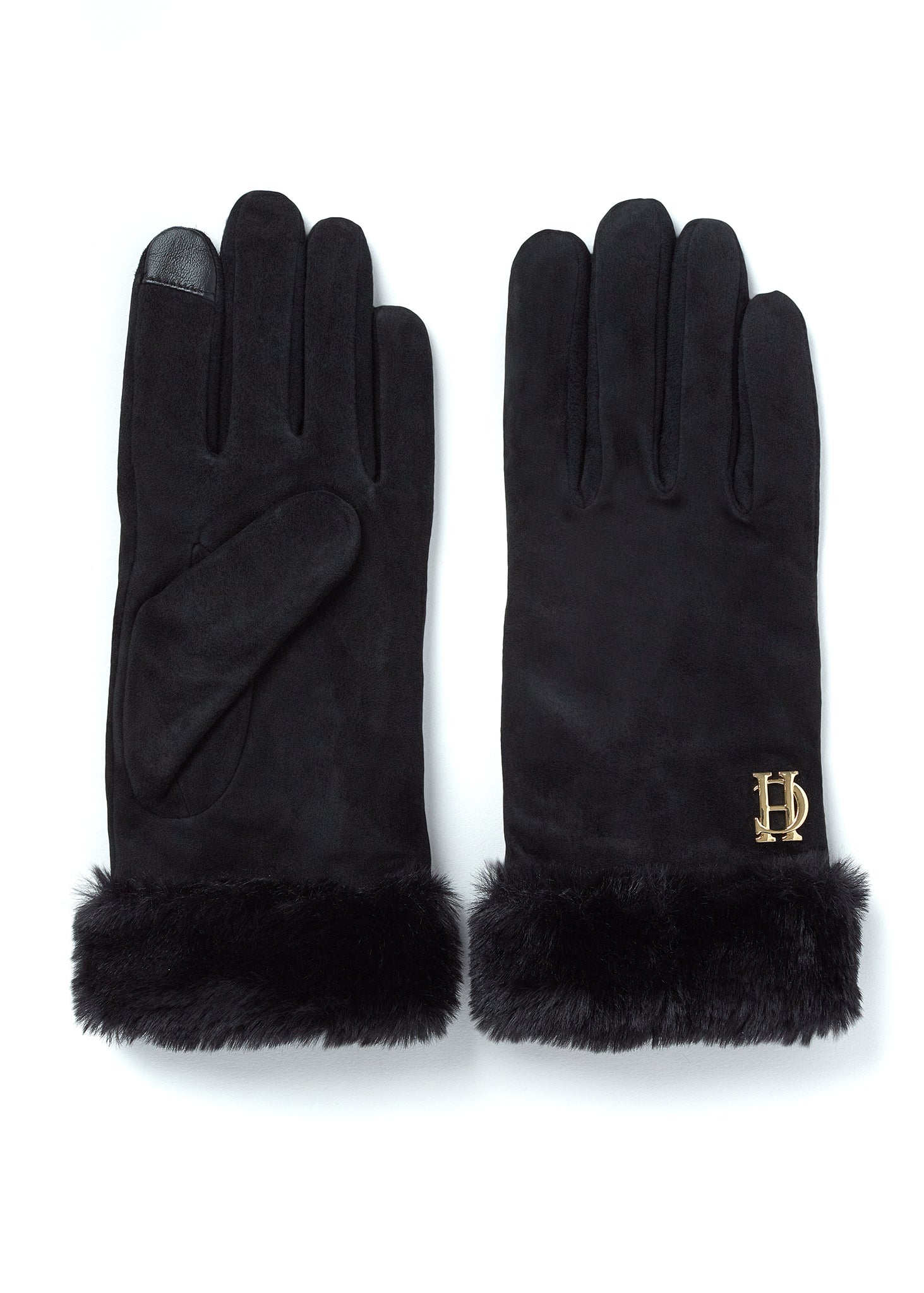 Cashmere Lined Faux Trim Suede Gloves (Black)